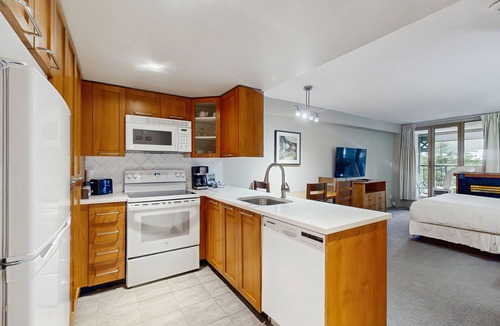 Whistler Village Apartment | 4th-floor mountain studio with gym, balcony, fireplace, washer/dryer, kitchen