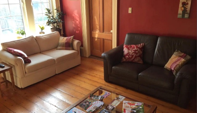 2 bedroom apt; old charm with modern living and huge patio with private parking