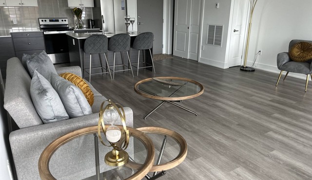 Modern, spacious two bedroom condo with a lake view from windows and balcony
