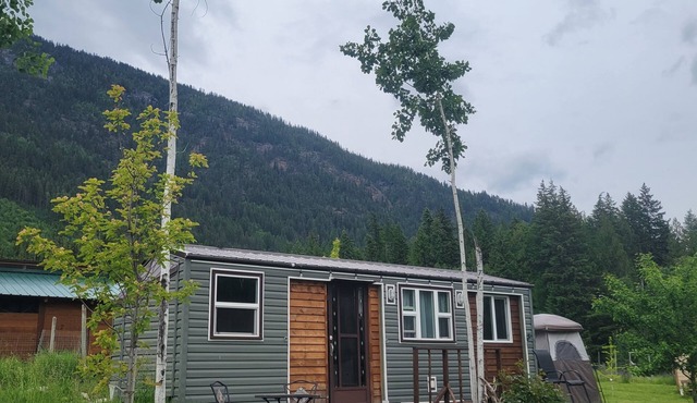 Tiny House with stunning mountain views, 5 min forested trail walk to Arrow lake